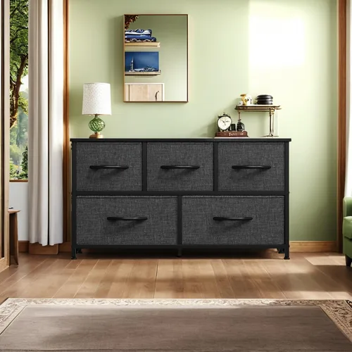 Vista 5 de YITAHOME Cómoda con 5 Cajones - Torre de Almacenamiento de Tela, Cómoda Negra y Cajonera, Unidad Organizadora para Dormitorio Negro ceniza gris