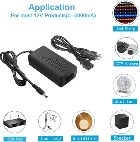 Vista 5 de Fuente de alimentación de 12 voltios, 5 A, 60 W, convertidor de adaptador de corriente alterna, 100 V-240 V CA a CC 12 voltios, adaptador