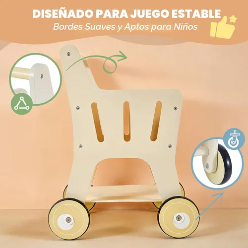 Vista 6 de Pithfor Carrito de compras de madera para niños, 3 en 1 caminante de madera para bebés, cochecito de muñeca de bebé, carrito de compras de juguete
