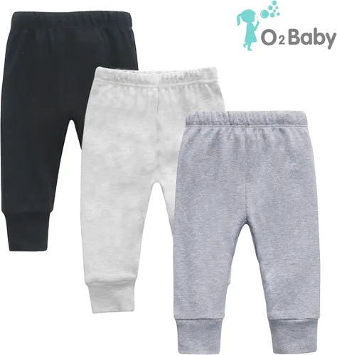 Vista 2 de O2 BABY Pantalones deportivos unisex de algodón orgánico para bebé, leggings para niños pequeños, paquete de 3 pantalones de gateo de 0 a 24 meses