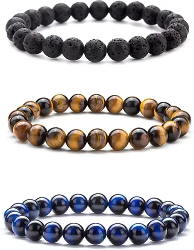 Vista 34 de Pulsera de triple protección, ojo de tigre malvado de ojo y obsidiana negra de 0.315 in, pulsera curativa para hombres y mujeres, pulsera curativa