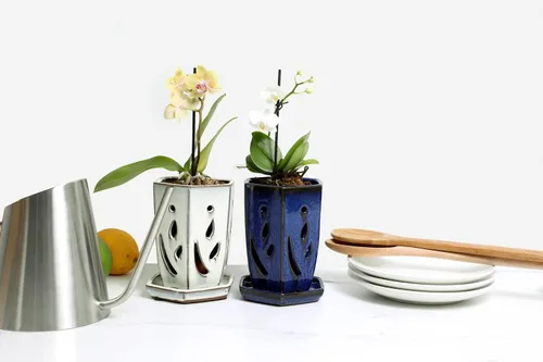 Vista 4 de Maceta de cerámica para orquídeas de 4 x 6 pulgadas (crema sobre algodón de azúcar), maceta hexagonal para orquídeas con agujeros