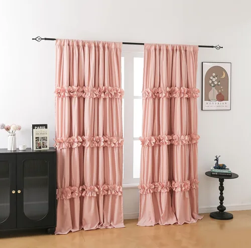 Vista 2 de Cortinas opacas con aislamiento térmico y 3 filas de flores de mariposa, cortinas rústicas con bolsillo para barra, 2 paneles