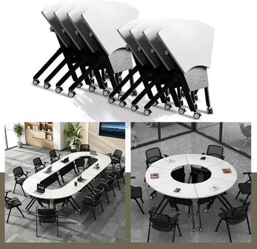 Vista 13 de Mesas de sala de conferencias, mesa de conferencias plegable con ruedas silenciosas, mesa trapezoidal de 47.2 pulgadas, mesa moderna para sala