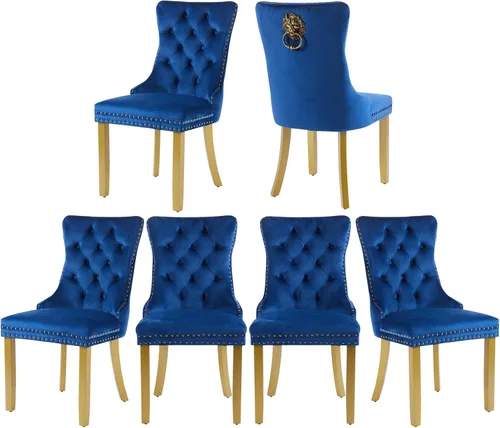 Vista 15 de Juego de 2 sillas de comedor de terciopelo, silla de comedor tapizada de alta gama con tirador de anillo en la espalda, adorno de clavos y patas