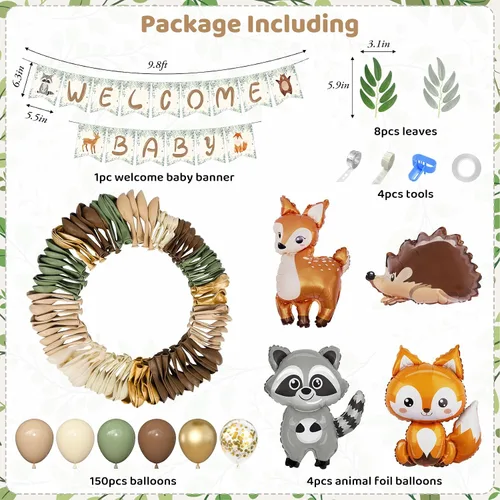 Vista 3 de 167 piezas Decoraciones de baby shower con temática de animales del bosque, kit de guirnalda de arco de globos con temática de bosque con pancarta