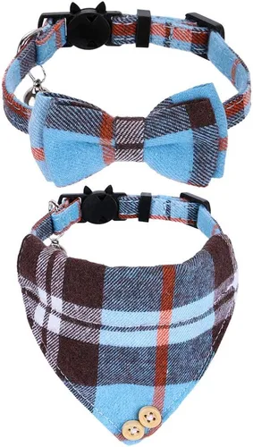 Vista 13 de Faleela Juego de 2 collares de gato con corbata de moño y campana, collar de camisa a cuadros para gatito ajustable de seguridad
