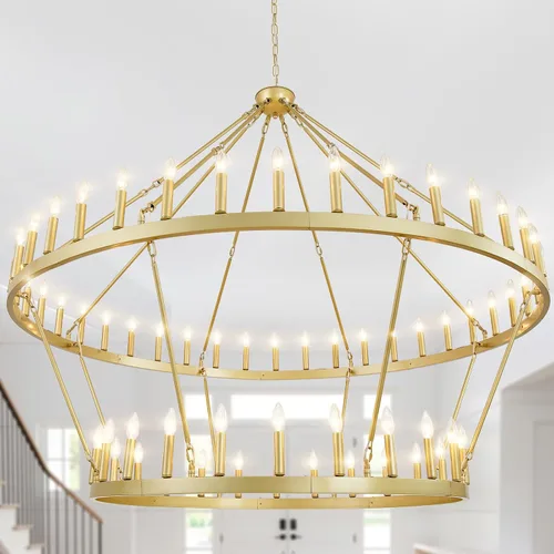 Vista 9 de EGM Candelabro dorado de 48 pulgadas con rueda de carro de 2 niveles, 36 luces grandes de color dorado cepillado estilo granja, lámparas de techo