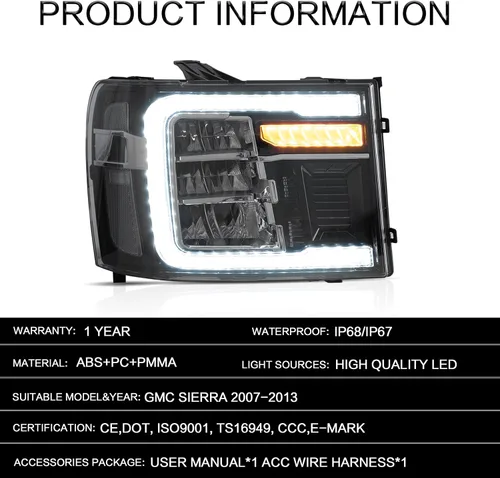 Vista 8 de VLAND Conjunto de Faros Compatible con GMC Sierra 2007-2013 1500HD 2500HD 3500HD, LED Completo, Plug-and-play, Cuenco Reflector