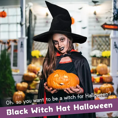 Vista 2 de Sombrero de bruja negro, disfraz de Halloween para mujeres adultas, 0.6 in de grosor, sombrero de mago Gandalf antiarrugas y se mantiene en pie