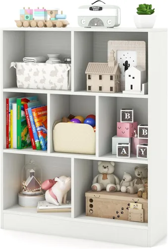 Vista 14 de HONEY JOY Organizador de almacenamiento de juguetes para niños, gabinete de almacenamiento de madera de 7 secciones, baúl de juguetes de guardería