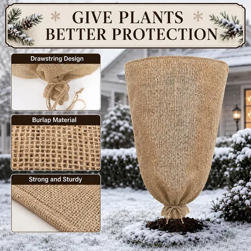 Vista 3 de 1 pieza cubierta de arpillera para plantas de invierno de 45.3 x 70.9 pulgadas, bolsas grandes de arpillera con cordón, cubiertas reutilizables