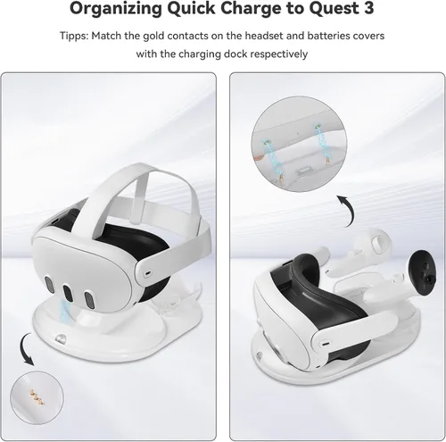 Vista 6 de Lampelc Base de carga para OculusMeta Quest 3, estación de carga rápida de 18 W VR para controladores de auriculares, accesorios, con 2
