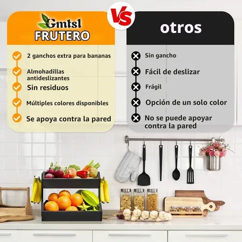 Vista 4 de Gmtsl Cesta de frutas de bambú para cocina, frutero de 2 niveles para encimera de cocina, soporte grande para frutas con 2 ganchos para plátanos