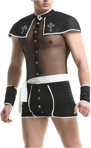 Vista 4 de Nzwiluns Conjunto de lencería sexy para hombre, disfraz de vaquero para cosplay, traje de lencería transparente para juegos sexuales y traviesos