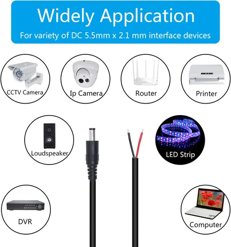 Vista 6 de Cable de alimentación de 12 V CC, 1.6 ft/1.65 pies de CC de 0.217 in x 0.083 in, enchufe macho a cable desnudo, cable de alimentación de extremo