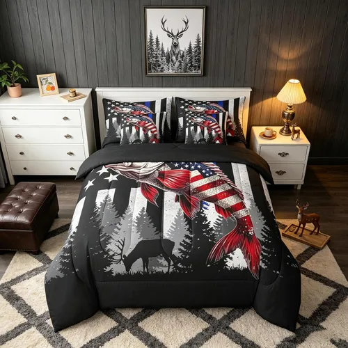 Vista 10 de Feelyou Juego de edredón de ciervo con sábanas – Tamaño Queen 7 piezas Juego de ropa de cama infantil de caza rústica – Cama de ciervo de cabaña