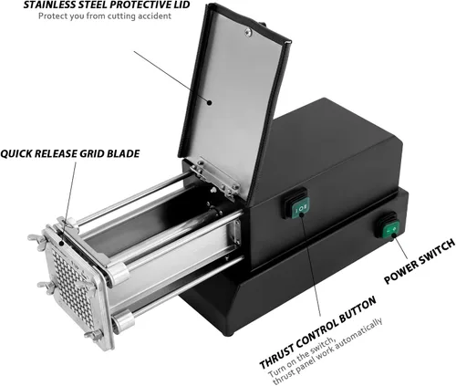 Vista 5 de Cortador eléctrico para papas francesas, cortador de patatas profesional negro, máquina cortadora de patatas de acero inoxidable con 2 tamaños