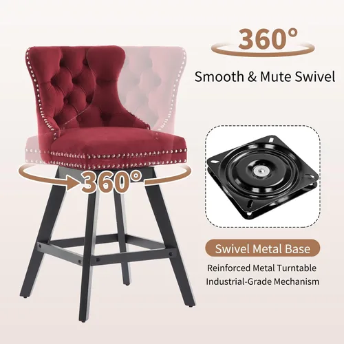 Vista 4 de cinkehome Juego de 2 taburetes de bar giratorios de altura de mostrador, taburetes de bar tapizados de terciopelo con respaldo, sillas de bar