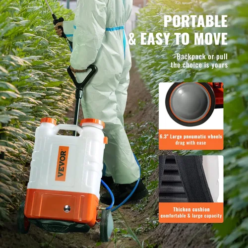 Vista 5 de VEVOR Pulverizador de mochila con batería de 4 galones con carro con ruedas, ajustable de 0-94 PSI, manguera de 13 pies, 6 boquillas, 2 varitas