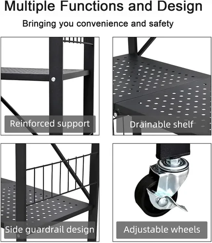 Vista 4 de Estante de almacenamiento plegable para estantes, estantes plegables de metal de 4 niveles con ruedas, estantes y estantes de almacenamiento
