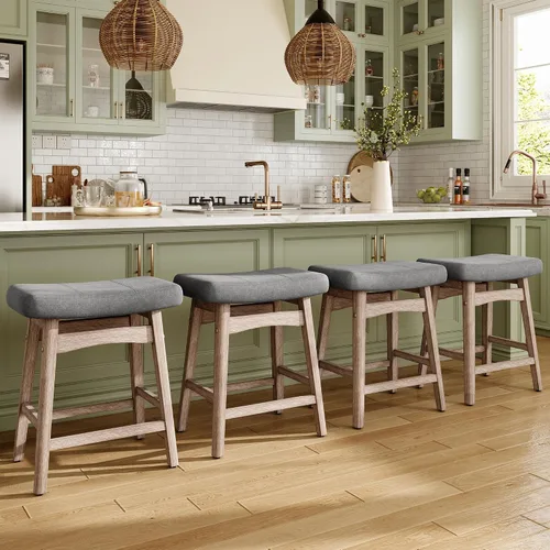 Vista 31 de MAISON ARTS Juego de 4 taburetes de bar grises para encimera de cocina, patas de madera maciza con asiento de silla de montar de piel sintética