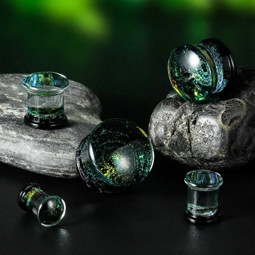 Vista 6 de COOEAR Tapones y túneles de cristal para piercing de galaxia, acampanados, par de estiradores de expansión empaquetados para regalo
