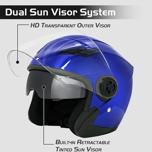 Vista 2 de SanQing Casco de motocicleta de cara abierta 3/4 aprobado por DOT con doble visera solar unisex para adultos para scooter, crucero, chopper