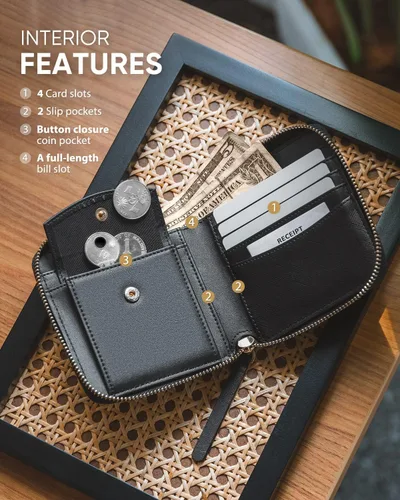 Vista 2 de Vulkitty Cartera de cuero para mujer con bloqueo RFID, monedero delgado plegable con bolsillo con cremallera, Negro -, Classic