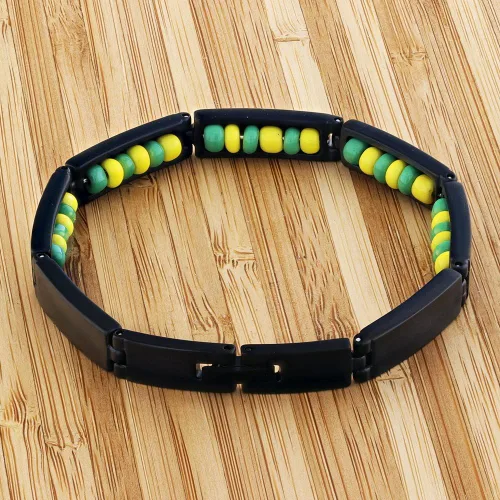 Vista 4 de En Temporada Joyería Negro Acero Inoxidable Ilde de Orula Pulsera Santeria Verde Amarillo Babalawo