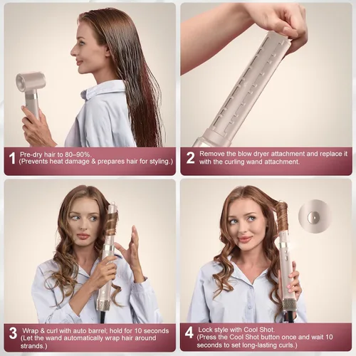 Vista 8 de Mythsight Estilizador de Aire StyleVibe 6 en 1 de Doble Voltaje, Secador de Cabello y Cepillo Secador con Estuche de Viaje - Rizos de Envoltura