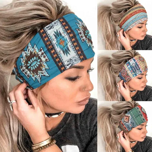 Vista 12 de Olbye Diademas bohemias anchas elásticas y antideslizantes para mujer y niña - para entrenamiento, yoga, correr, banda para el sudor, pañuelos
