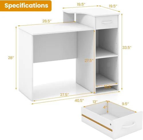 Vista 3 de Giantex Escritorio para computadora con almacenamiento, moderna mesa para computadora portátil con estante ajustable de 5 posiciones, cajón
