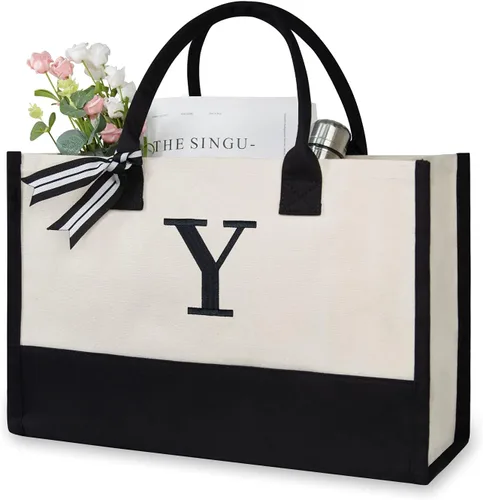 Vista 512 de TOPDesign Personalized Initial Canvas Beach Bag, Monogrammed Gift Tote Bag for Women