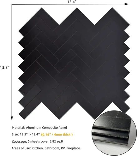 Vista 2 de Azulejos para Salpicadero de Cocina de 6 Hojas Despegar y Pegar, Panel Compuesto de Aluminio con Patrón Espiga Negro, Azulejos Adhesivos para Pared