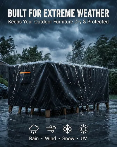 Vista 3 de Cubierta impermeable para muebles de exterior, juego de mesa y silla rectangular de 600D resistente de 64 pulgadas de ancho x 52 pulgadas de largo x