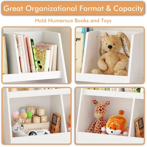 Vista 3 de GDFStudio Estantería para niños y organizador de almacenamiento de juguetes, 5 cubículos, estantería abierta de madera con 2 cubos grandes y patas