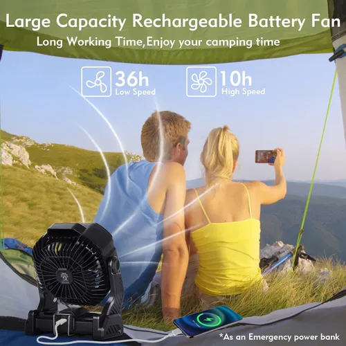 Vista 4 de RUNTOP Ventilador de 20000 mAh, funciona con pilas, ventilador de campamento de 2 aspas, ventiladores de escritorio recargables por USB con luz LED