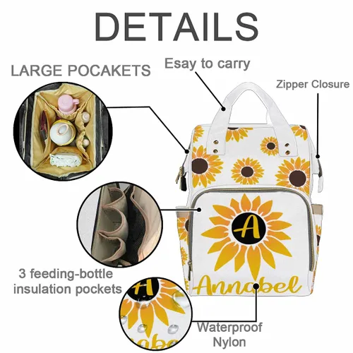 Vista 2 de Mochila de pañales de girasol personalizada, nombre personalizado monograma floral Mommy bolsas bebé niña niño monograma bolsas de pañales