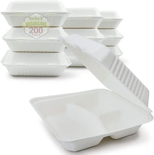 Vista 9 de Green Earth Concha compostable de 6 pulgadas, 100 unidades ecológicas Bagazo natural, cajas para llevar, tapa con bisagras, apta para microondas
