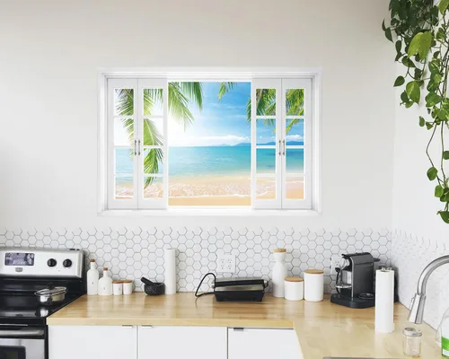 Vista 5 de FLFK Calcomanía de pared falsa para ventana, diseño de vista tropical del océano para despegar y pegar, 24 x 16 pulgadas