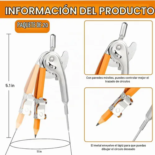 Vista 2 de Brújula para geometría, brújula de metal, brújula matemática, brújula de dibujo a granel, brújula de geometría plateada con lápiz para estudiantes