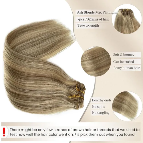 Vista 3 de Extensiones de cabello rubio ceniza con reflejos, extensiones de cabello humano real con clip, de 12 pulgadas, 2.47 onzas, doble trama, invisible