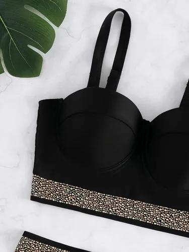 Vista 5 de MakeMeChic Traje de baño de 2 piezas para mujer con ribete de diamantes de imitación push up de cintura alta
