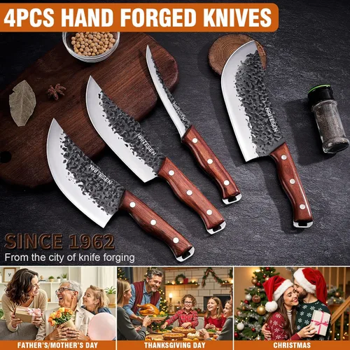 Vista 7 de Naitesen Juego de 4 cuchillos de carnicero y cuchillos de cocina, forjados a mano, muy afilados para cortar carne, cocinar, barbacoa, regalos