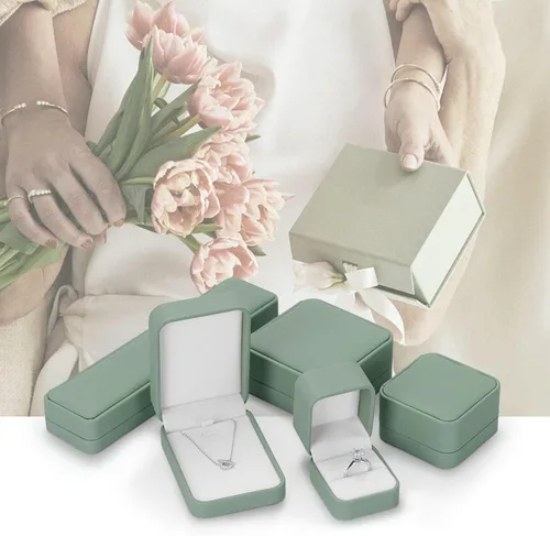 Vista 2 de Caja de anillo de cuero para compromiso de propuesta Caja de regalo de anillo de joyería de cuero verde oliva
