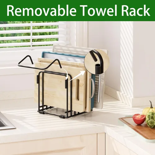 Vista 3 de Organizador de tabla de cortar, estante de almacenamiento de cocina de acero con 5 ranuras para tablas de cortar, bandejas para hornear, toallas