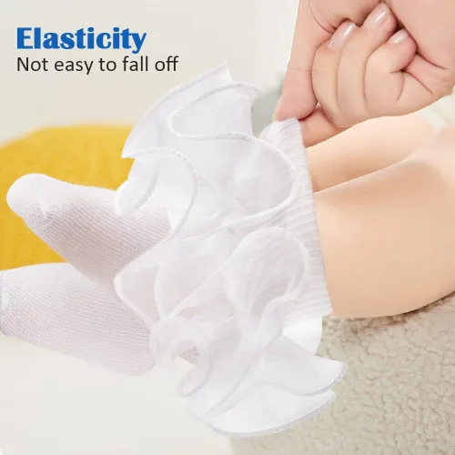 Vista 4 de Calcetines de doble volantes para niñas pequeñas, con ribete de encaje con volantes, color blanco, con tutú, 3 pares