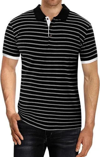 Vista 2 de MLANM Polo para hombre de manga cortalarga, informal, ajustado, diseño básico, a rayas, de algodón