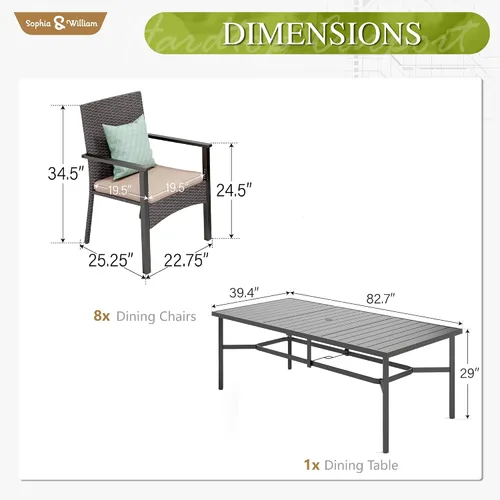 Vista 7 de Sophia & William Juego de comedor de patio de 9 piezas para 8, mesa al aire libre y sillas de ratán, mesa rectangular extragrande de 83 pulgadas